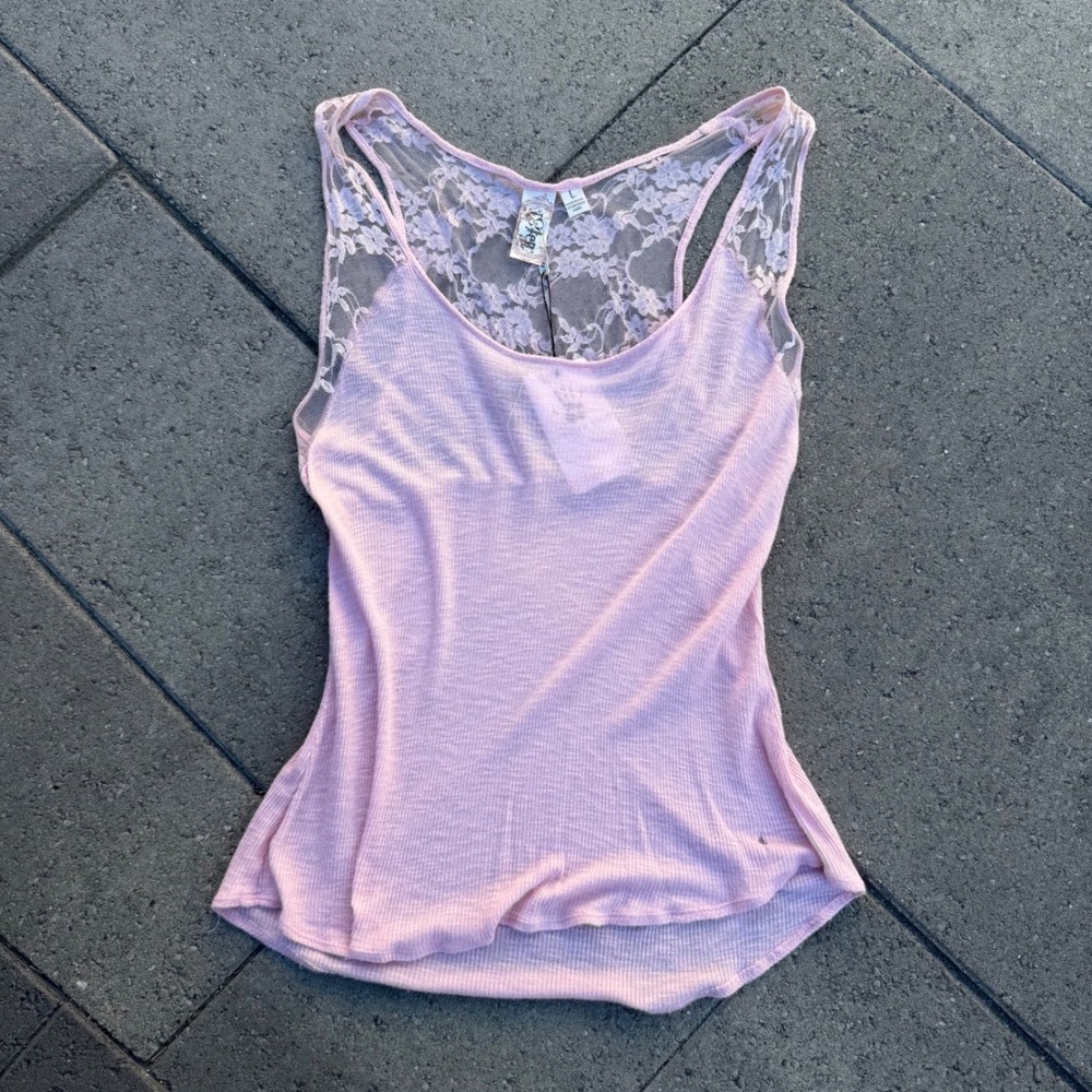 BKE Pink Ribbed Tank Top Floral Lace Racerback Y2K Boho Large